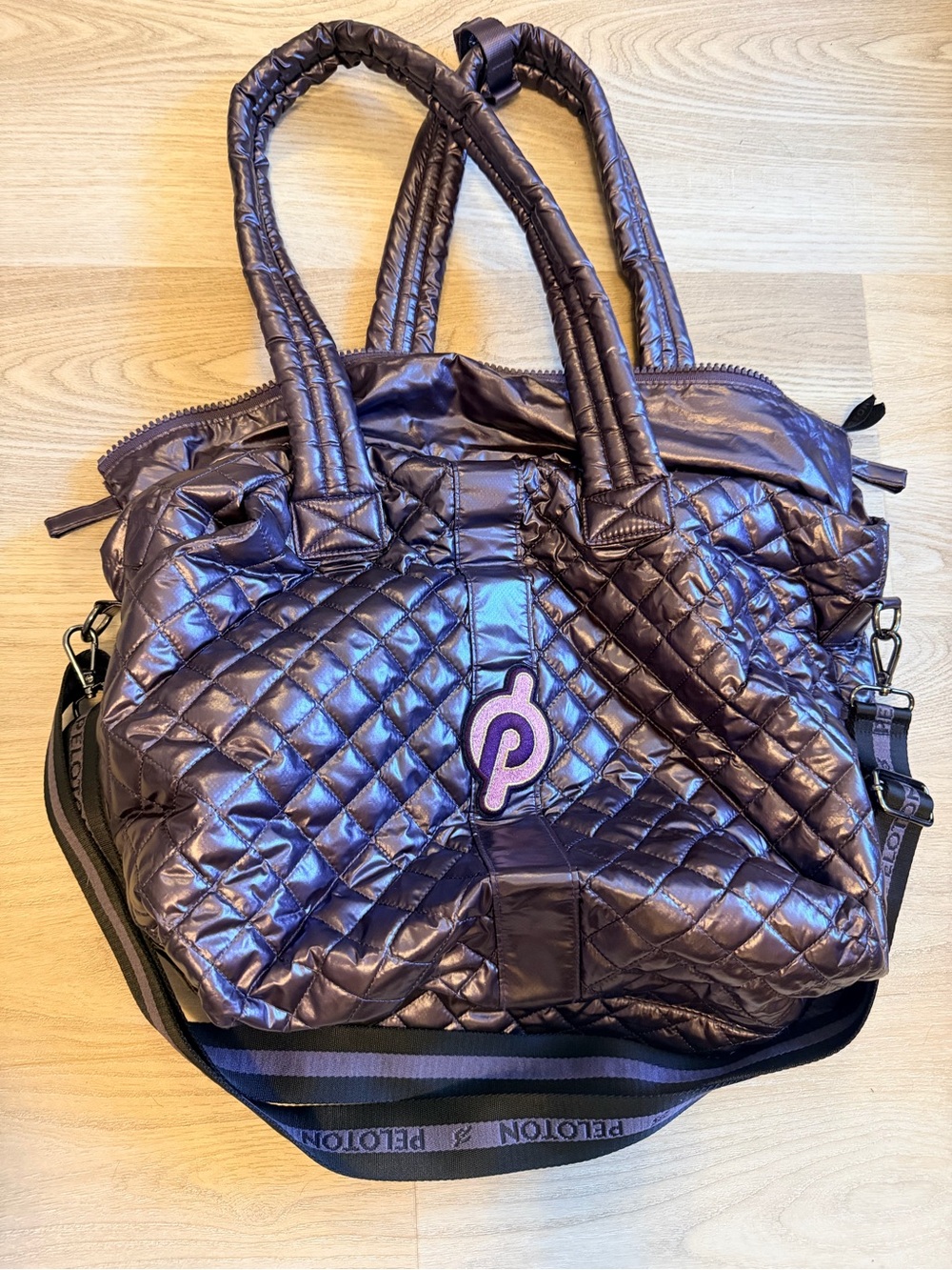 Peloton Quilted Metallic Purple Tote with Adjustable Strap